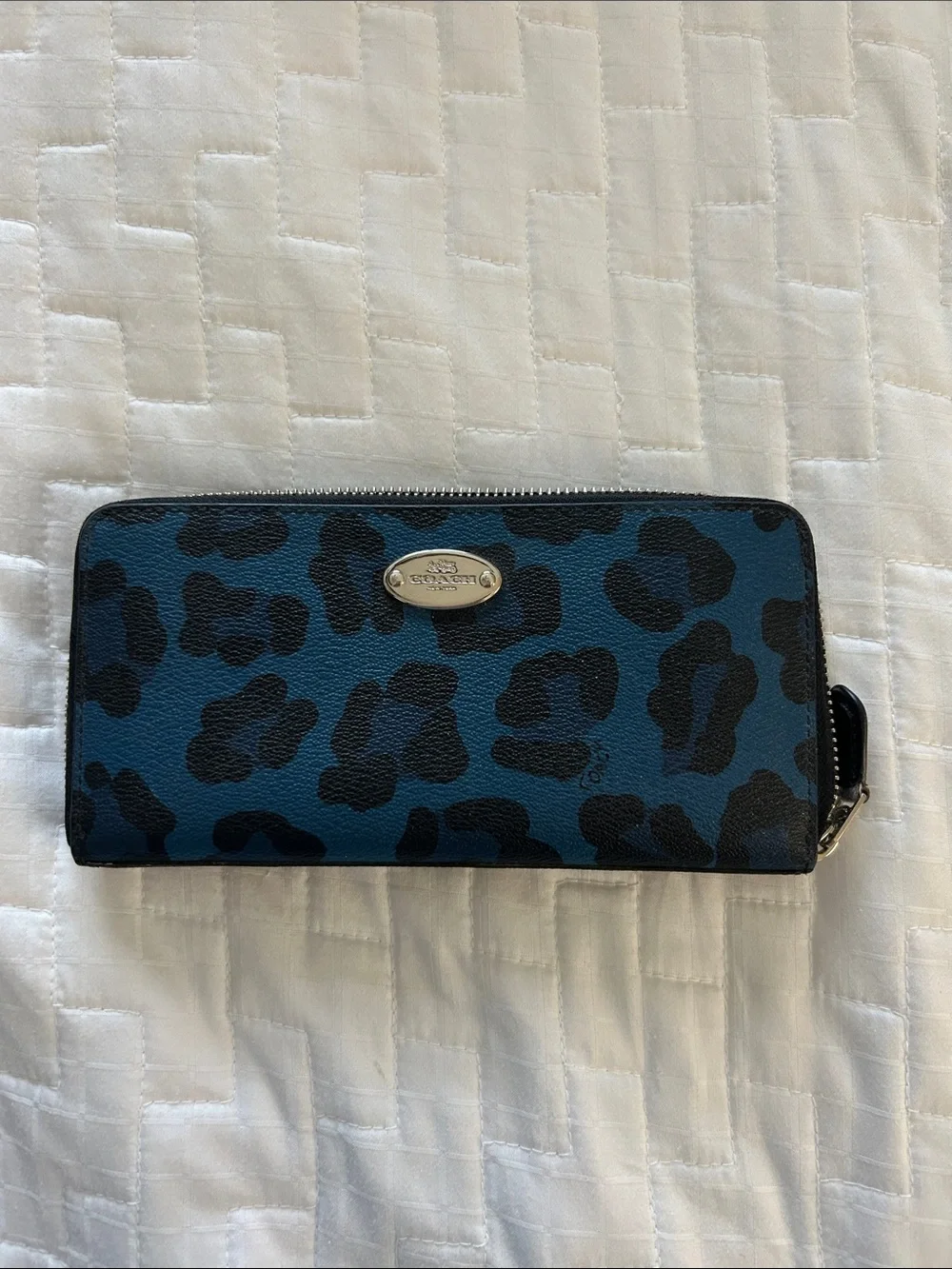 Coach Teal and Black Leopard Zip Wallet